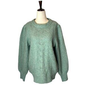 FRNCH Sweater Women Large Green Fuzzy Knit Puff Ballon Sleeve Crew Neck Pullover